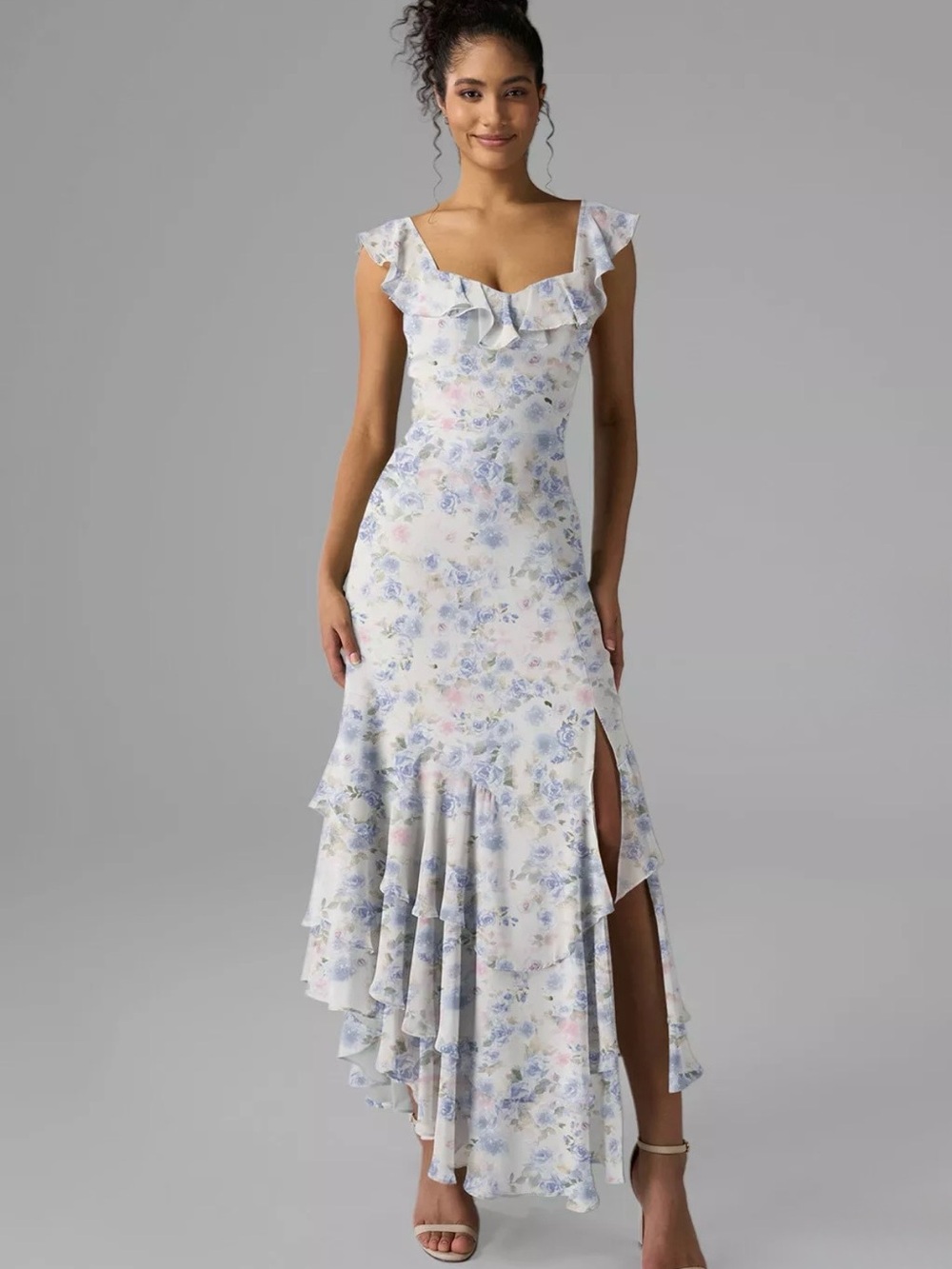 Floral Ruffle V-Neck Maxi Dress in Light Blue and White